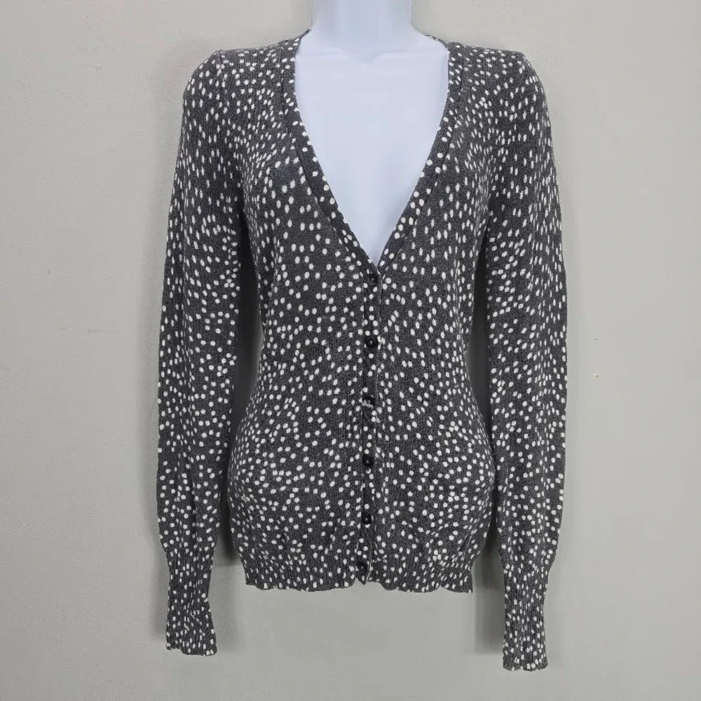 VTG Y2K Old Navy Womens Cardigan Sweater Top Gray Polka-Dot Deep V Neck Preppy